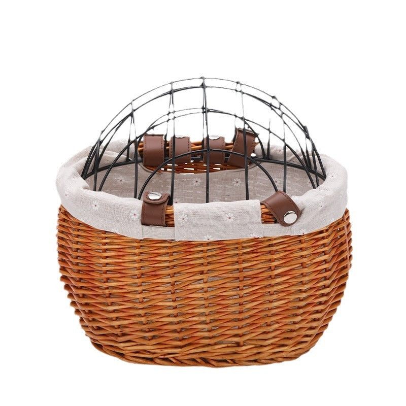 woven rattan pet carrier basket with detachable linen liner and foldable metal safety dome Kalsten