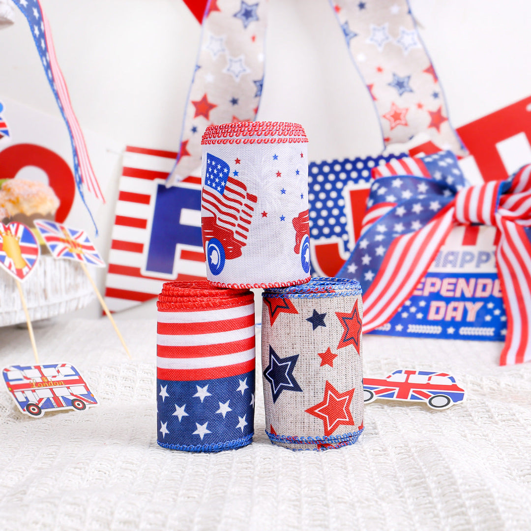 Unisex nan decorative wired Americana craft ribbon set with stars stripes truck and flag print Kalsten