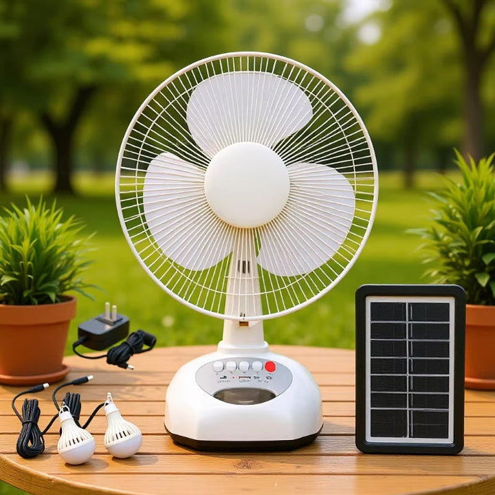 Unisex compact solar and mains powered table fan with built-in battery, oscillating and portable Kalsten