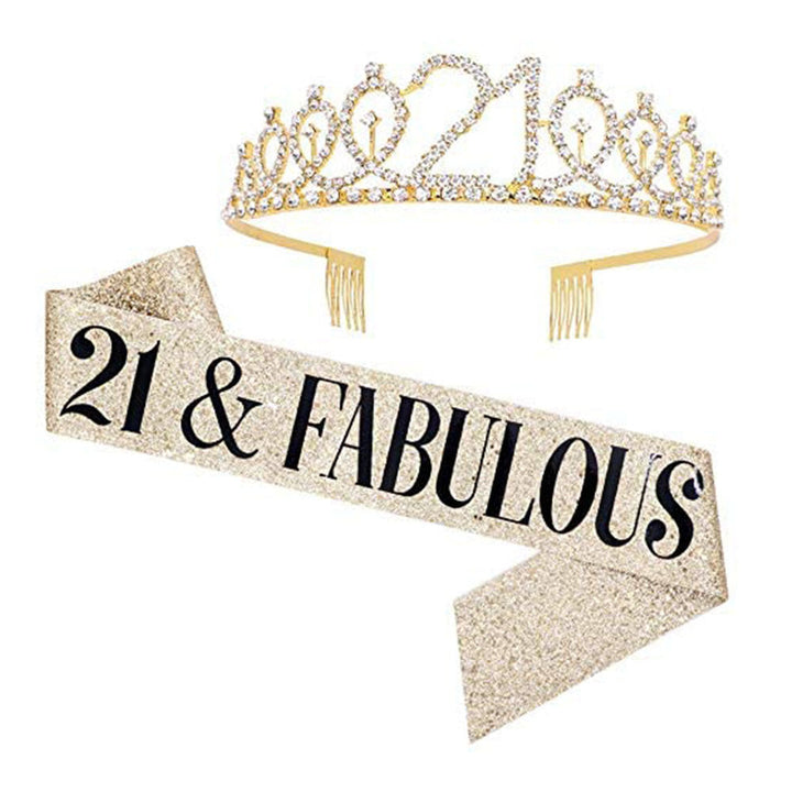 Girl Glittering Birthday Crown and Sash Set Kalsten
