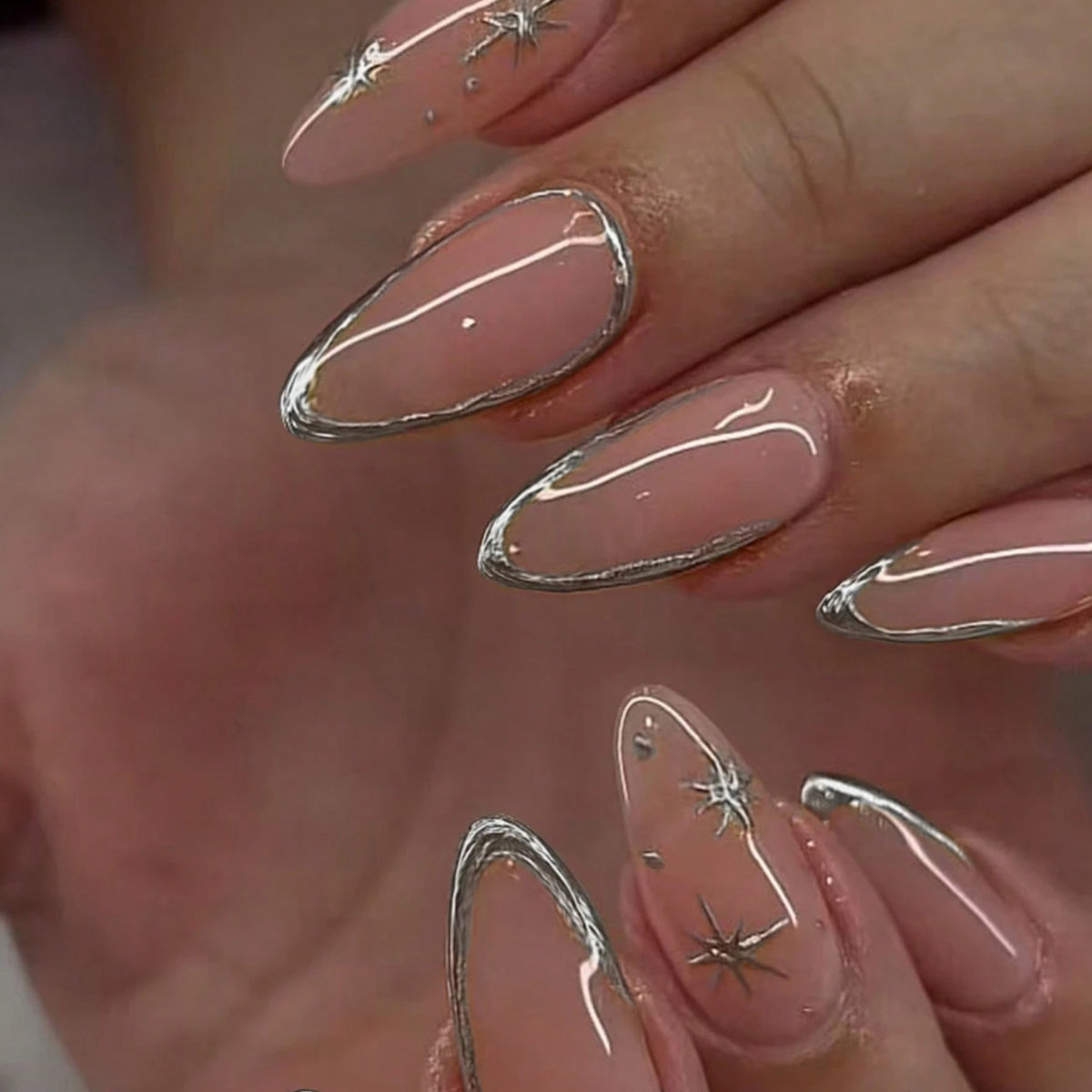 Elegant Stiletto Nail Art Set with Silver Accents Acalora