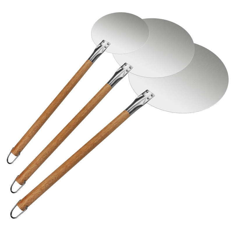 assorted sized round stainless steel pizza peels with long wooden handles Kalsten