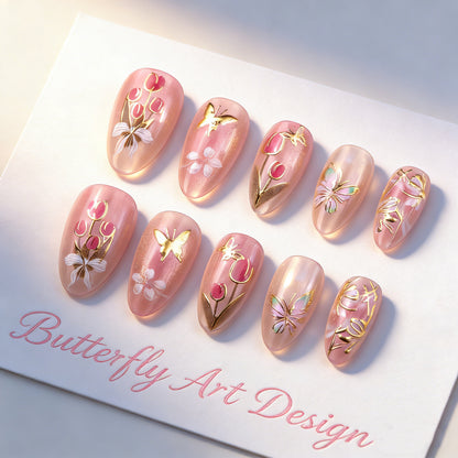 Artificail nail set with floral and golden accent Acalora