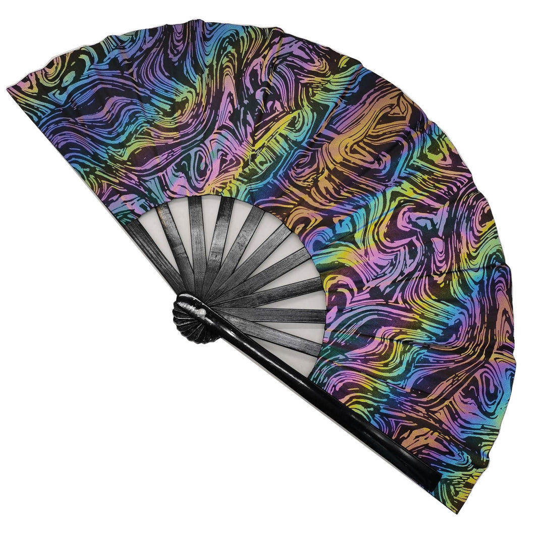 Ladies fan made of lightweight fabric with colorful geometric design Kalsten