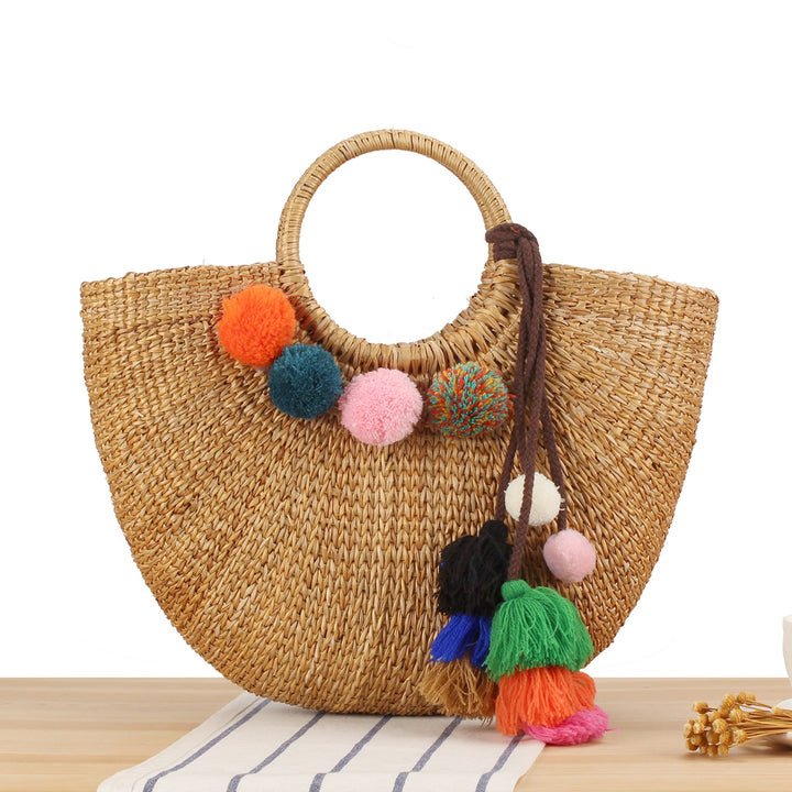 Braided Bast Crossbody Bag with Colorful Tassels Kalsten