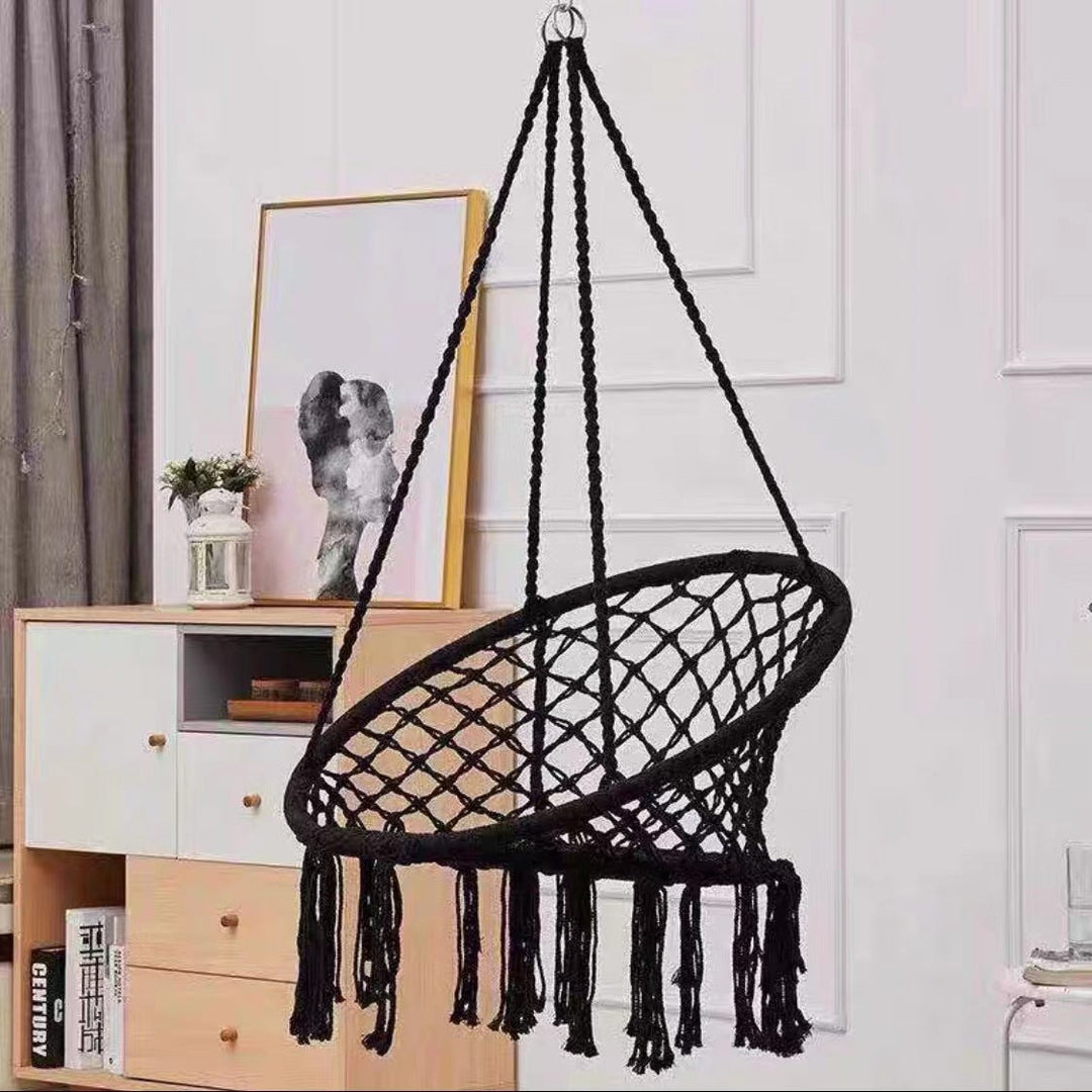 Boho macrame hanging swing chair with faux fur cushion and fringe Kalsten