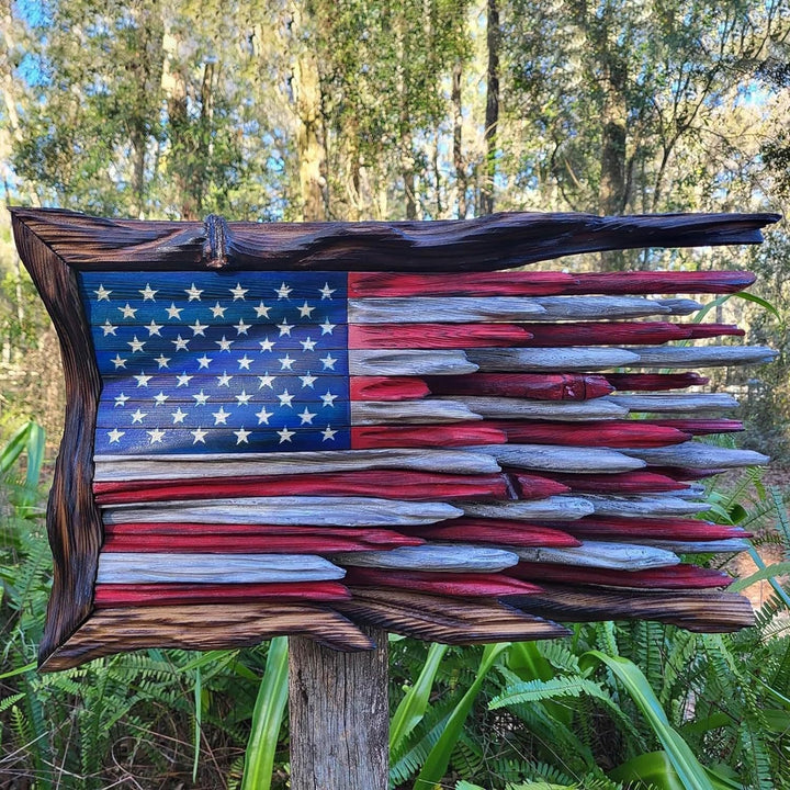 Unisex nan reclaimed wooden American flag wall sculpture with layered driftwood planks and rustic charred frame Kalsten