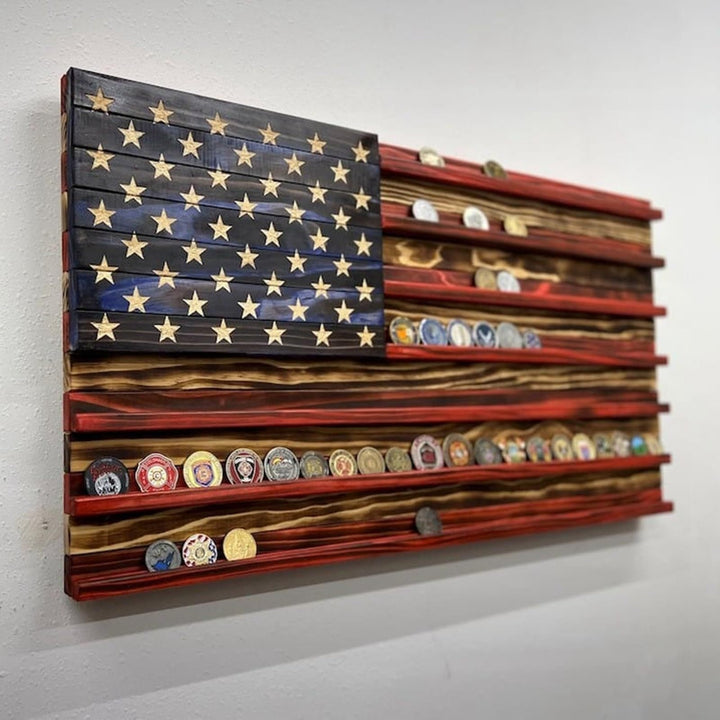 Unisex nan wall showcase for challenge coins in flag design made of rustic solid wood Kalsten