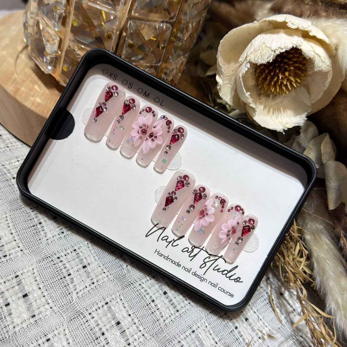 Floral-Themed Press-On Nail Set with Gemstone Accents Acalora