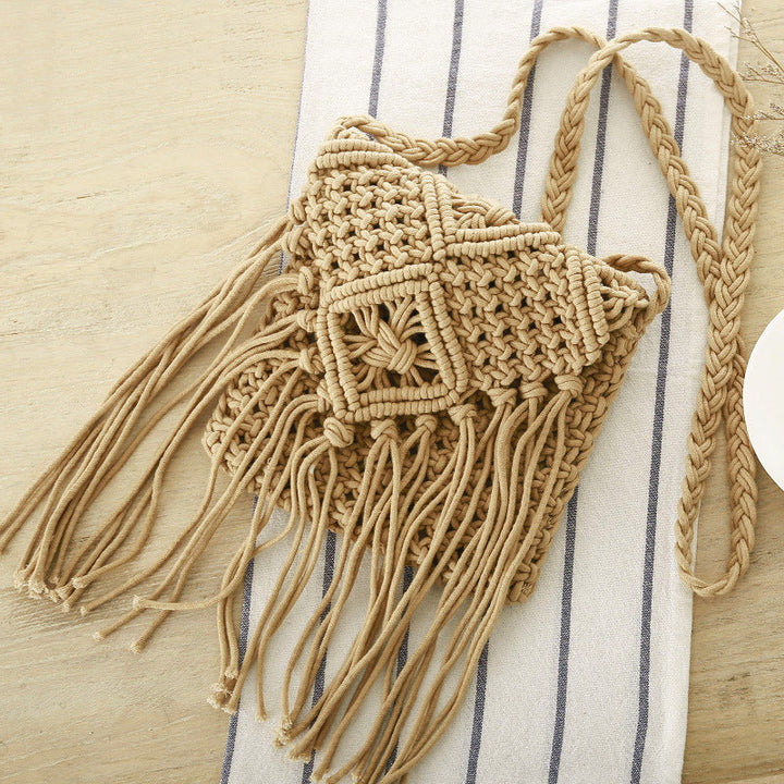 Macrame Crossbody Bag with Fringes and Decorative Details Kalsten