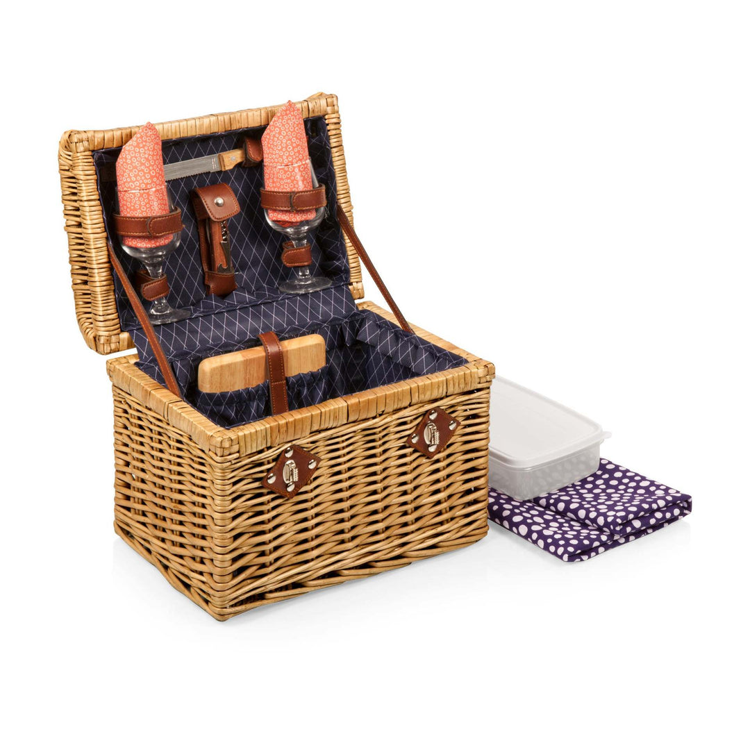 Ladies picnic basket with stylish glasses and wooden boards Kalsten