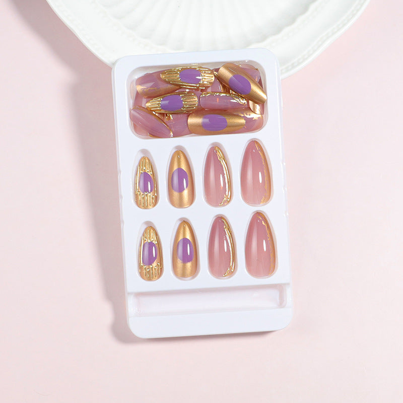 Artistic Press-On Nail Set with Gold and Purple Accents Kalsten