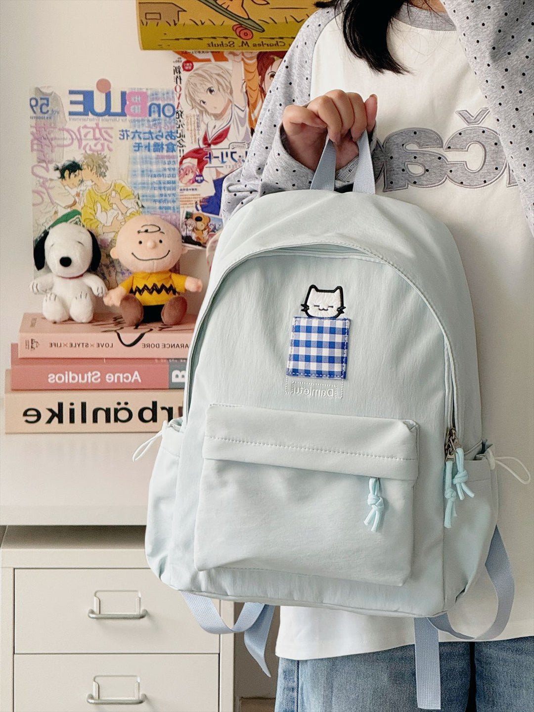 Cat-Embroidered Compact School Backpack