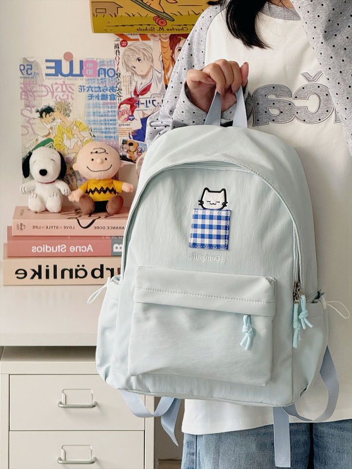 Cat-Embroidered Compact School Backpack