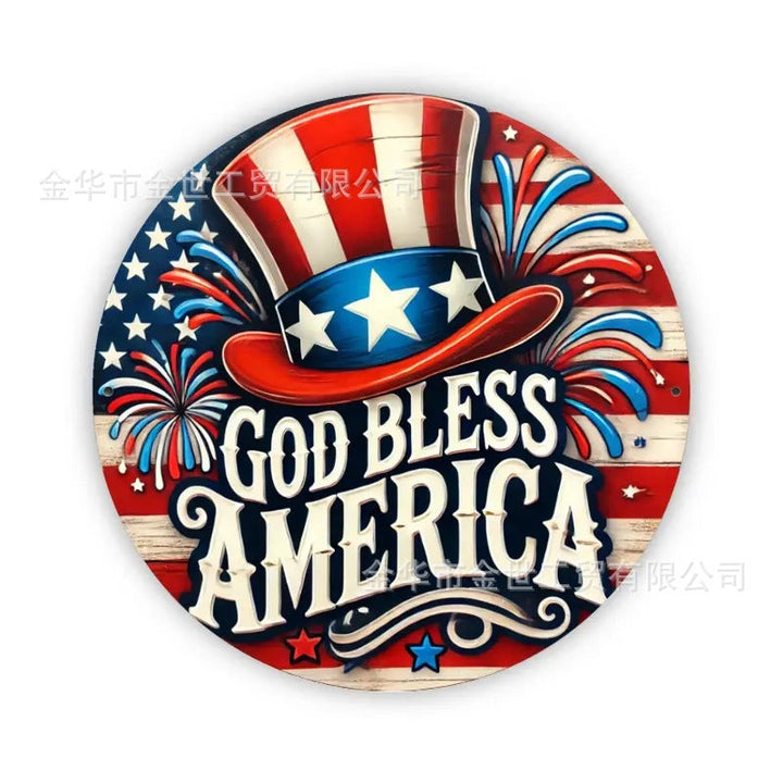 Independence Day rustic round wooden patriotic cross wall plaque with floral accents and God Bless America banner Kalsten