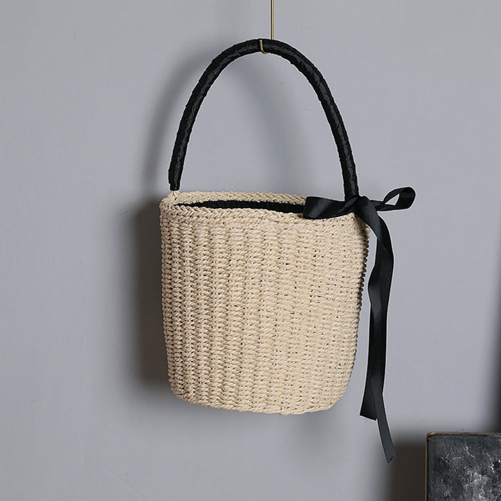 Handwoven basket bag with decorative fabric ribbon Kalsten