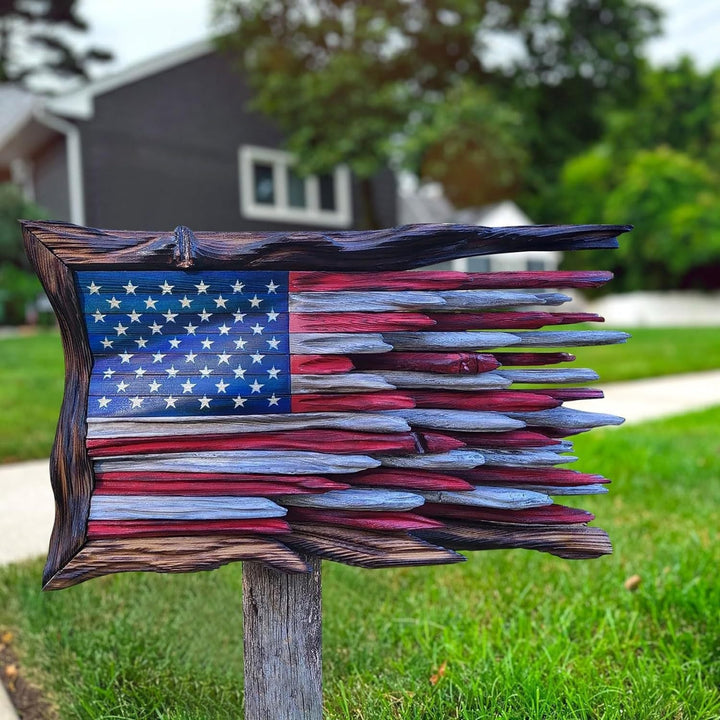 Unisex nan reclaimed wooden American flag wall sculpture with layered driftwood planks and rustic charred frame Kalsten