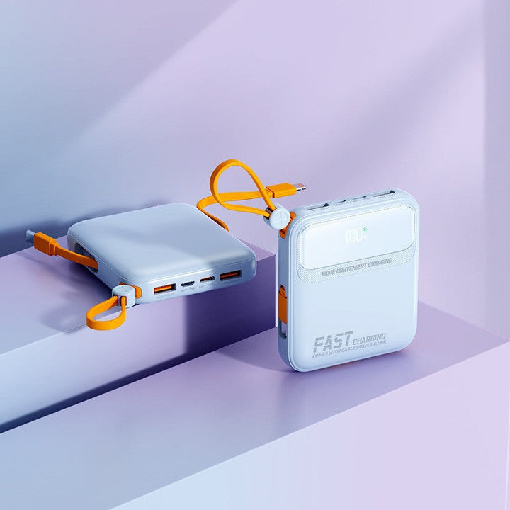 Compact power bank with integrated cable management and digital charge level display Kalsten
