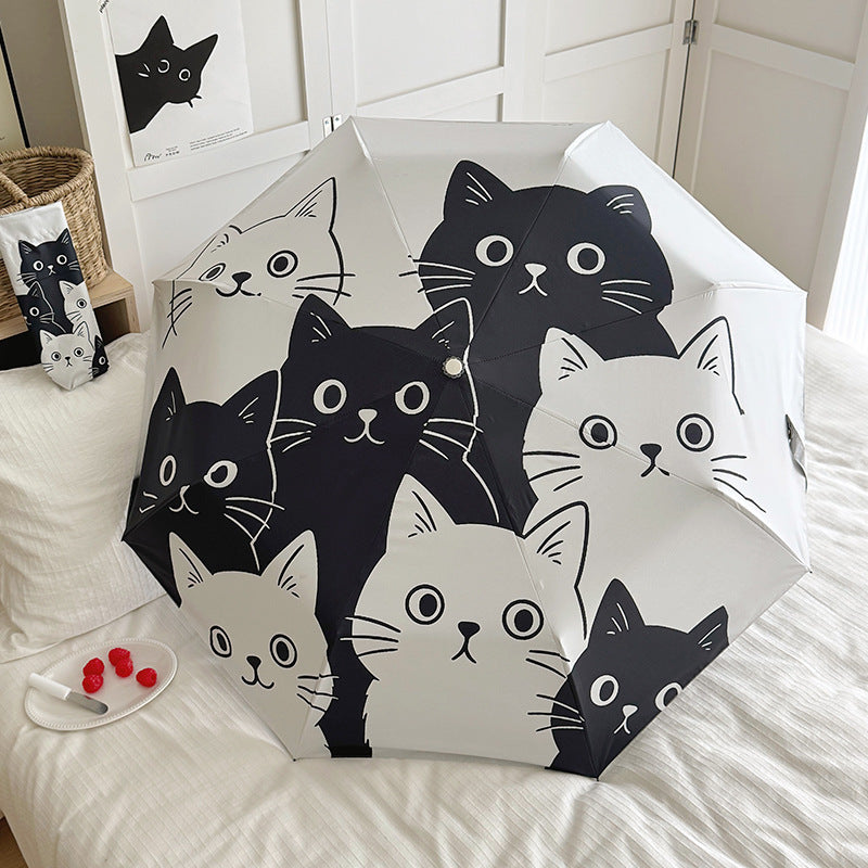 Women Folding Umbrella with Playful Cat Pattern Kalsten