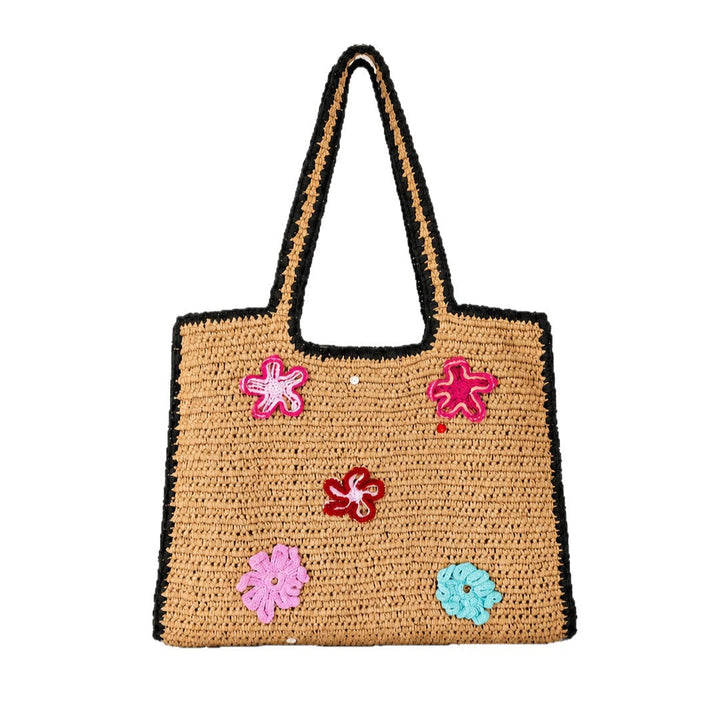 Handmade straw bag with flower appliqués Kalsten