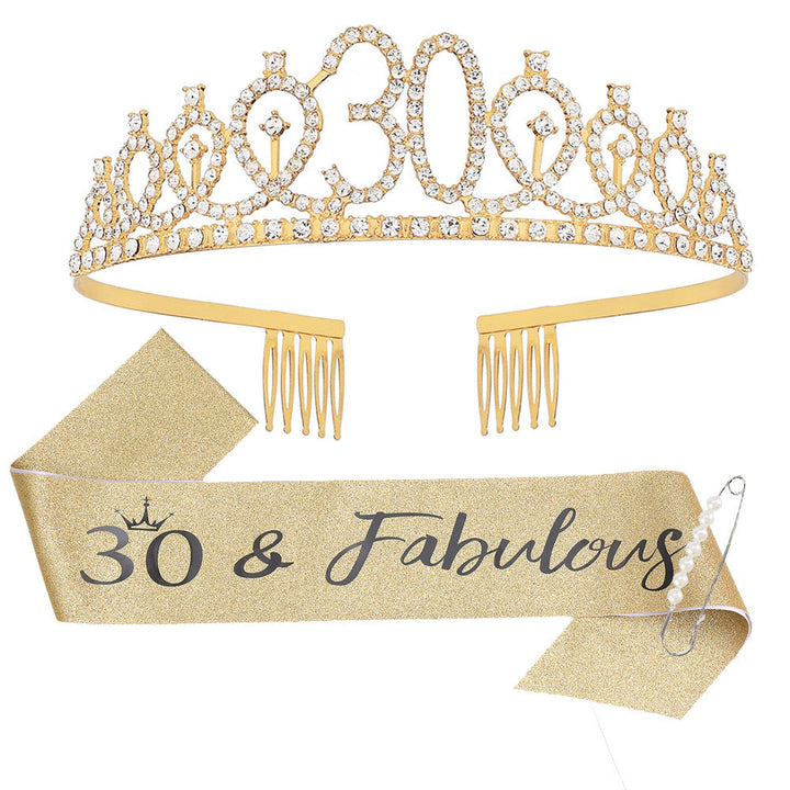 Women Crystal-Embellished Birthday Crown with Personalized Sash Kalsten