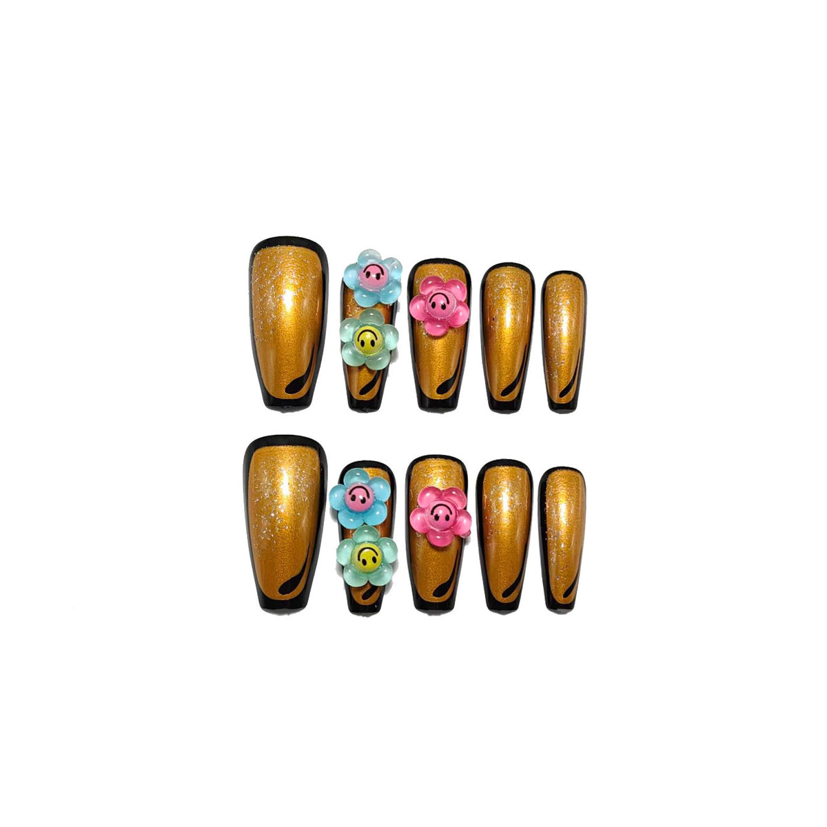 Artificial nails with eye-catching glitter and colorful floral appliqués Acalora