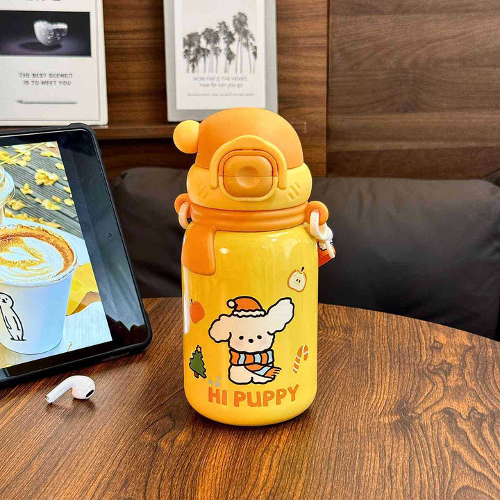 Women's insulated drinking bottle with secure flip lid and playful dog design Kalsten
