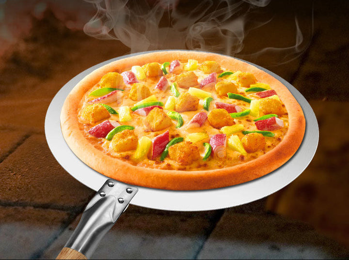 assorted sized round stainless steel pizza peels with long wooden handles Kalsten