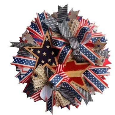 Unisex nan handcrafted Americana medallion wreath with layered deco mesh ribbons star motif bows and rustic sign Kalsten
