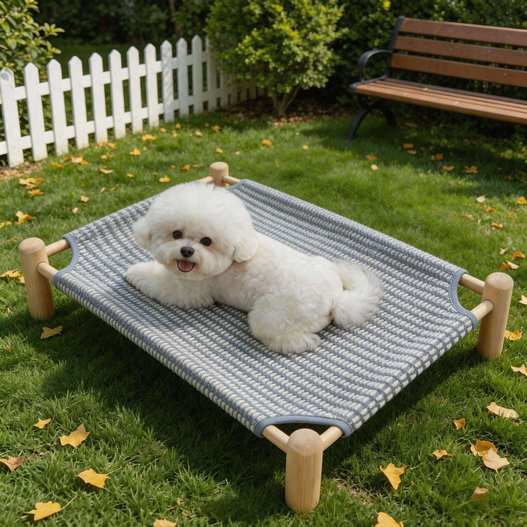 Unisex nan raised wooden pet bed with breathable, woven cover Kalsten