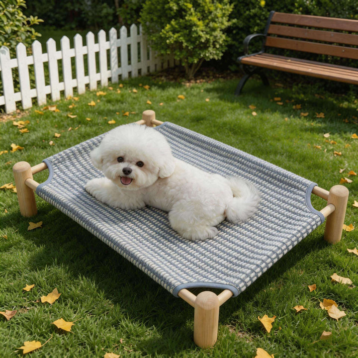 Unisex nan raised wooden pet bed with breathable, woven cover Kalsten
