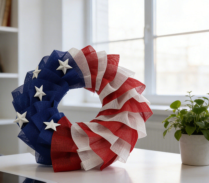 Unisex nan patriotic mesh wreath home decor with layered tulle stars and striped swirl design Kalsten