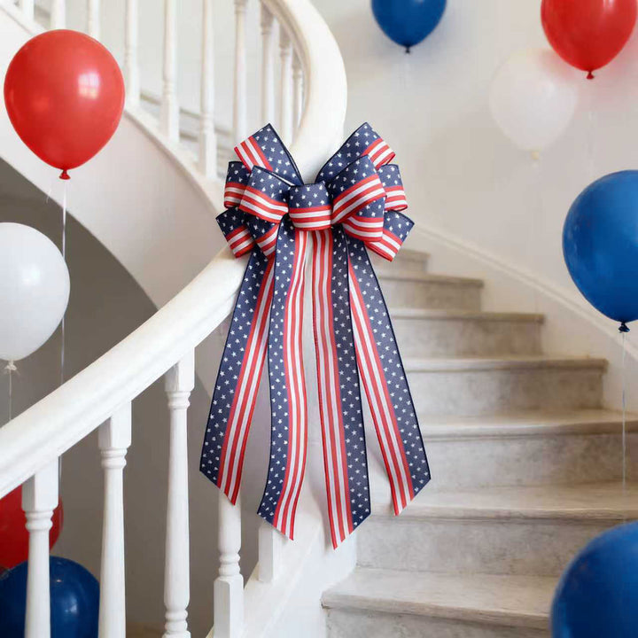Unisex nan large patriotic star stripe ribbon bow wall hanging with long streamer tails for door wreaths and porch decor Kalsten