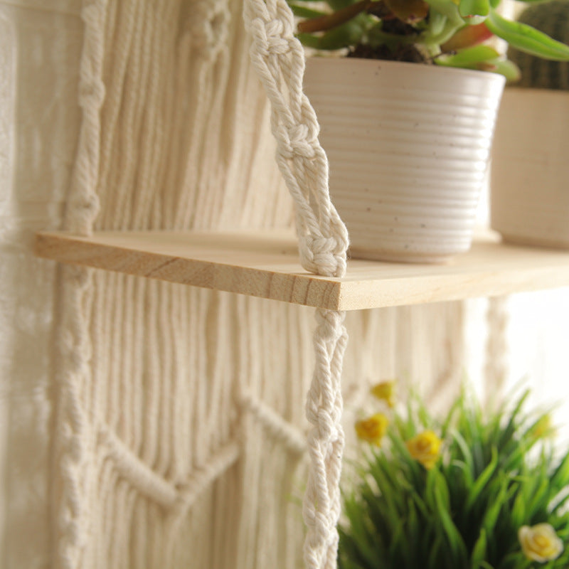 Decorative Wall-Mounted Macrame Shelf with Natural Wooden Accents Acalora
