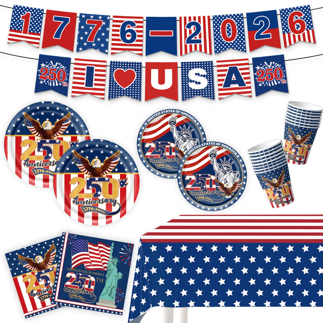 Unisex nan Patriotic Anniversary Disposable Tableware Party Kit with Stars Stripes Plates Cups Napkins Cutlery Banner Kalsten