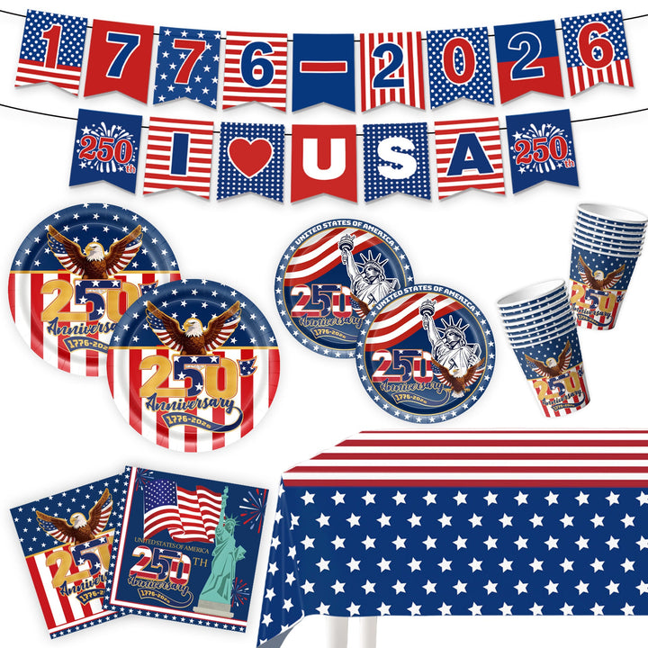 Unisex nan Patriotic Anniversary Disposable Tableware Party Kit with Stars Stripes Plates Cups Napkins Cutlery Banner Kalsten