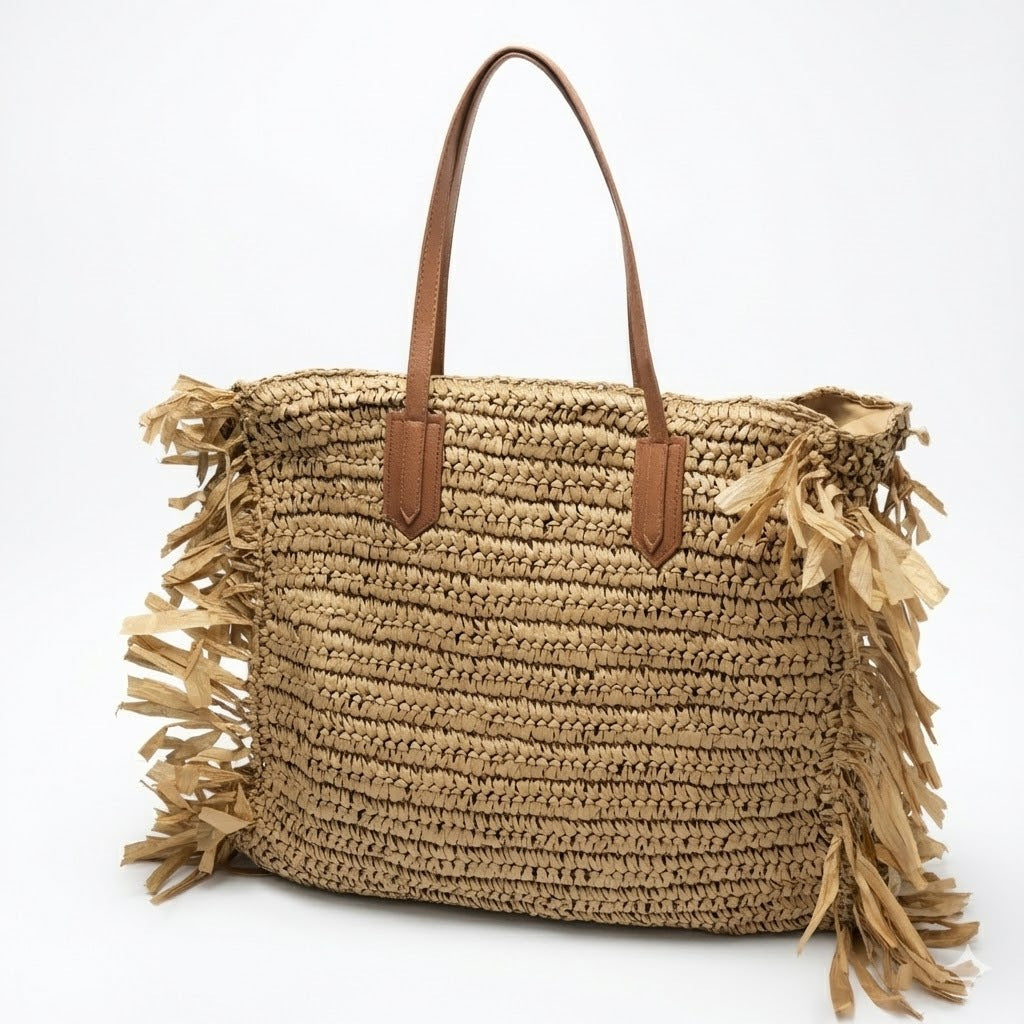 Beach bag with fringed design and sturdy leather handles Kalsten
