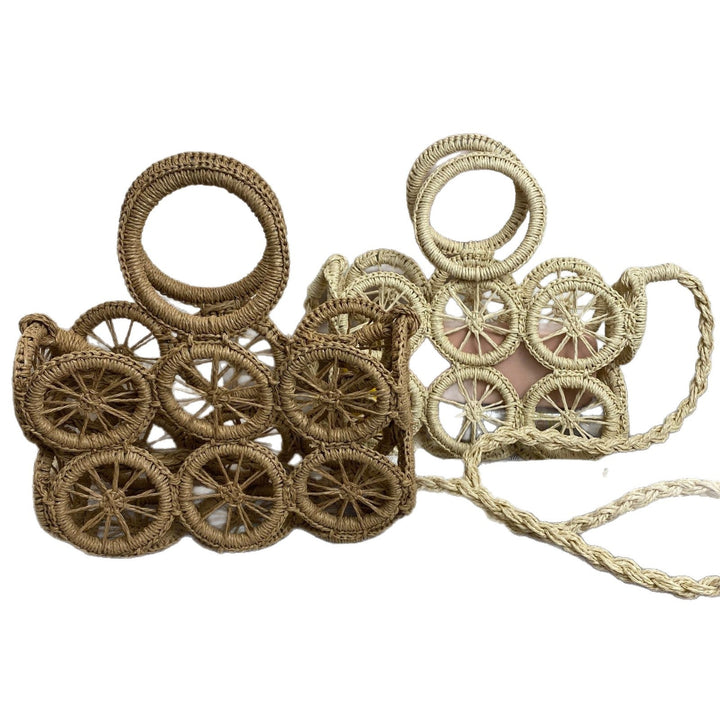 Artisan woven basket bag with striking wheel pattern Kalsten