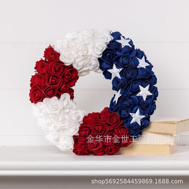 Independence Day rustic round wooden patriotic cross wall plaque with floral accents and God Bless America banner Kalsten