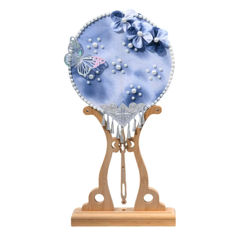 Women One Size Handmade Silk Hand Fan DIY Jewelry Set with Bead Accents, Floral Appliqués, Delicate Tassel Trimmings and Wooden Stand Kalsten