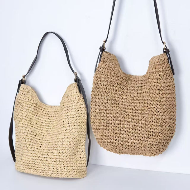 Trendy Shoulder Bag with Natural Weave and Leather Accents Kalsten