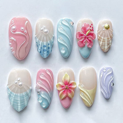 Acrylic Nail Set with Floral and Maritime Accents Acalora