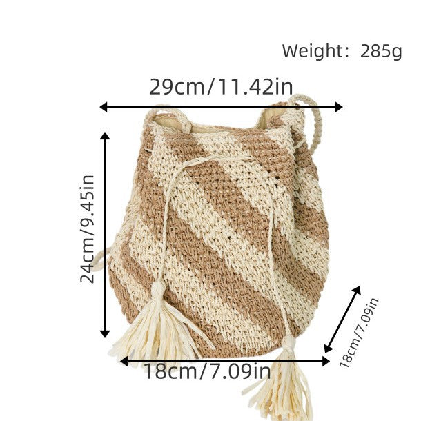 Braided Tote Bag with Tassels and Striped Design Kalsten