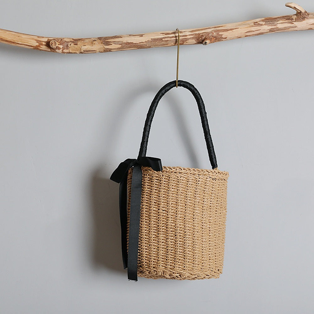 Handwoven basket bag with decorative fabric ribbon Kalsten