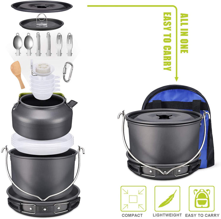 ultralight anodized aluminum camping cookware set with folding-handle kettle nesting pot and compact utensil kit Kalsten