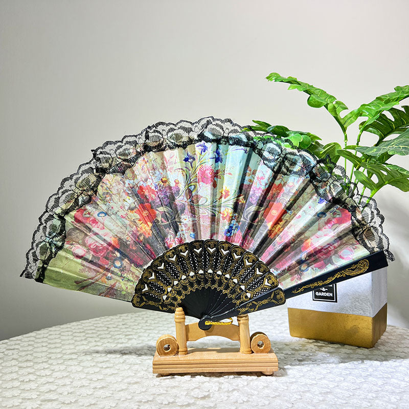 Ladies Elegant Hand Fan with Floral Design and Lace Edges Kalsten