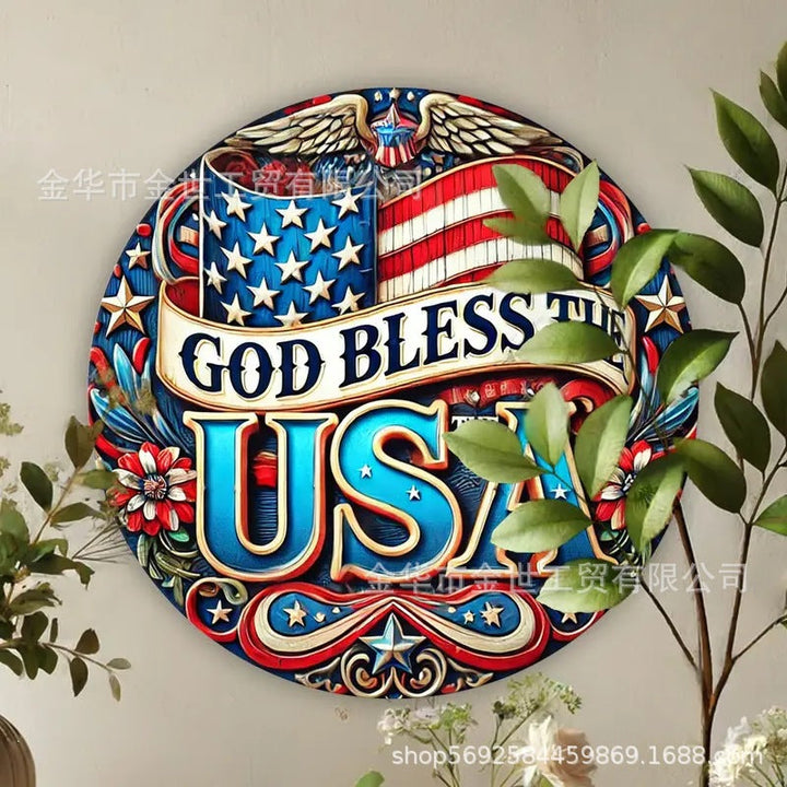 Independence Day rustic round wooden patriotic cross wall plaque with floral accents and God Bless America banner Kalsten
