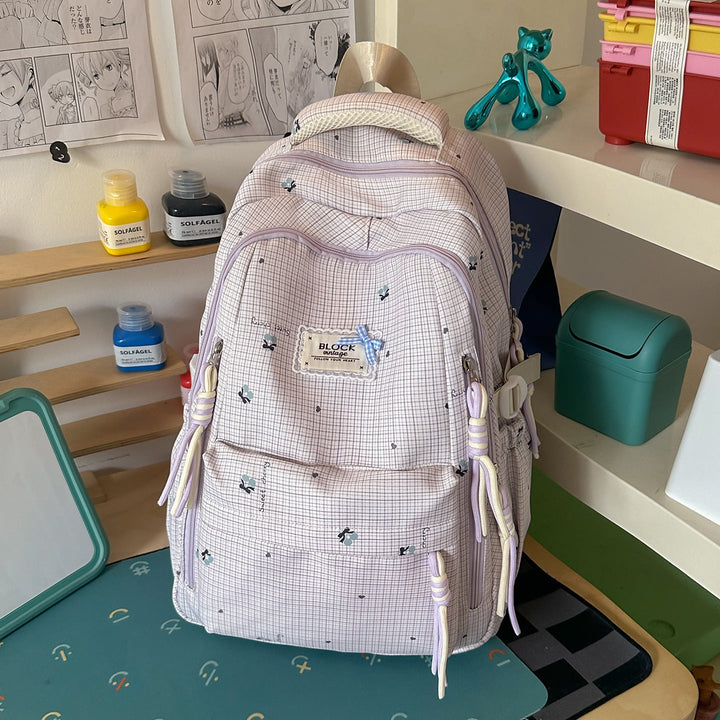 Floral-Patterned Multi-Pocket School Backpack
