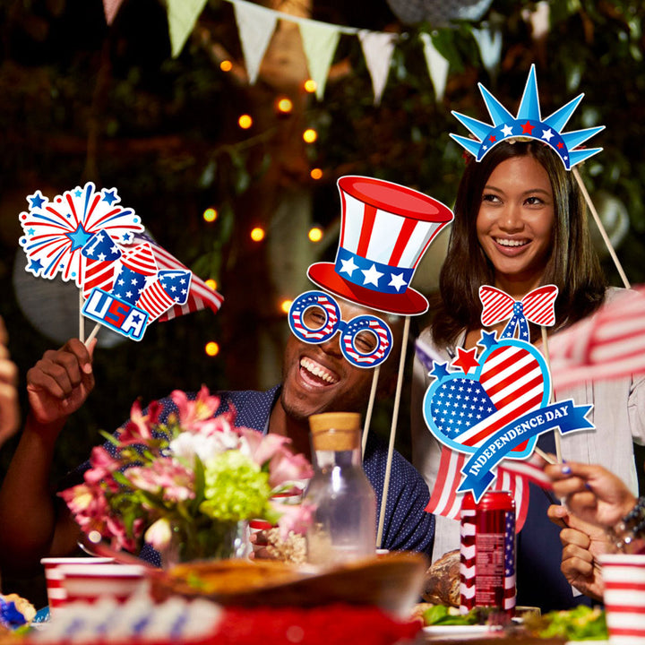 Unisex photo props set with self-adhesive USA-themed stickers, wooden sticks, and adhesive pads Kalsten
