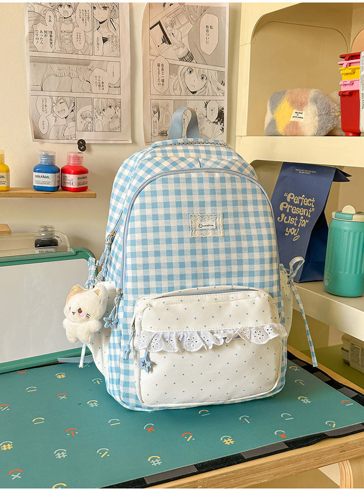 Adorable Gingham-Patterned Multi-Pocket School Backpack
